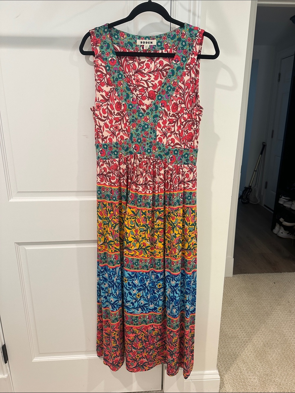 Boden Vibrant Floral Tiered Maxi Dress in Red, Teal, Yellow, Blue